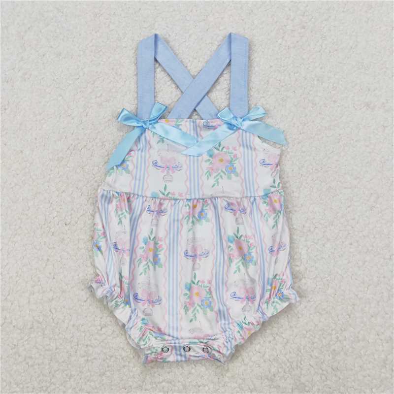 3.17 SR2698 Flower leaves blue stripes wavy lines pink bow pattern white vest jumpsuit