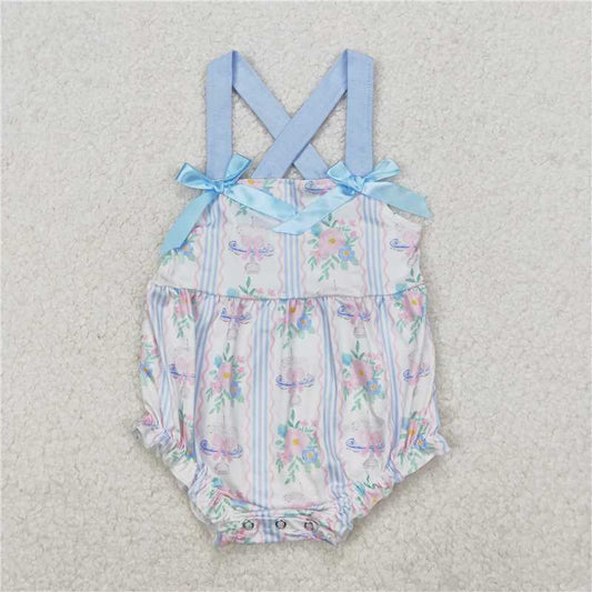3.17 SR2698 Flower leaves blue stripes wavy lines pink bow pattern white vest jumpsuit
