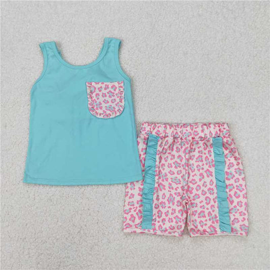 3.17 GSSO1784 Pink leopard print bow blue green vest shorts set