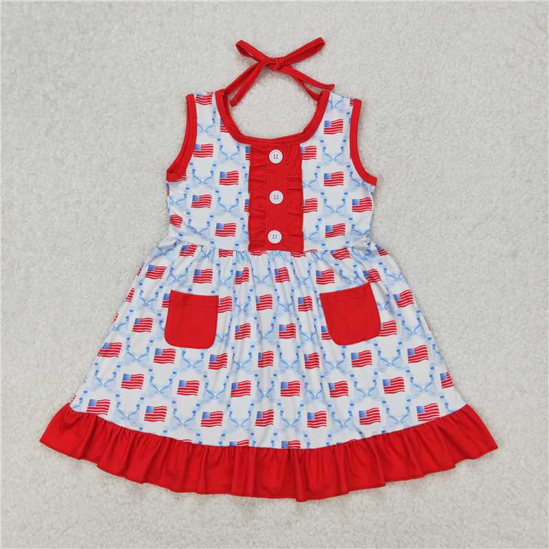 3.17 GSD1625 National Day flag blue bow pattern red pocket lace sleeveless dress