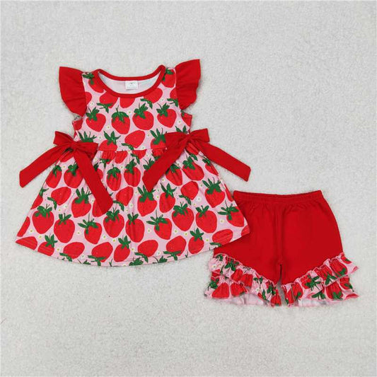 3.17 GSSO2023 Strawberry flower red lace bow pink flying sleeve shorts suit