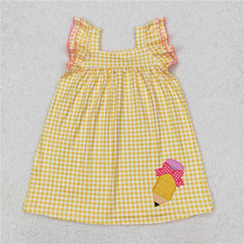 3.17  GSD2012 Back to school bow pencil yellow plaid lace flying sleeve dress