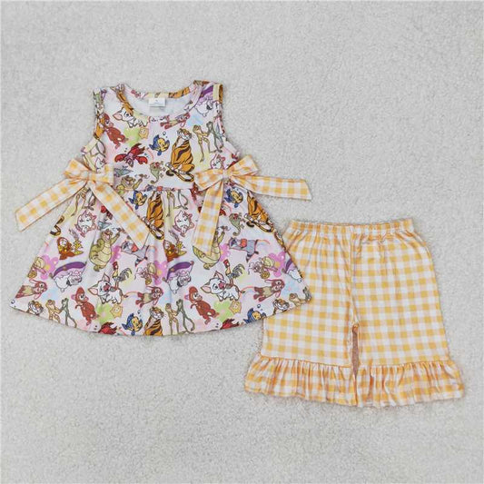 3.24  GSSO2197 Cartoon animal tiger crocodile yellow plaid bow sleeveless shorts suit