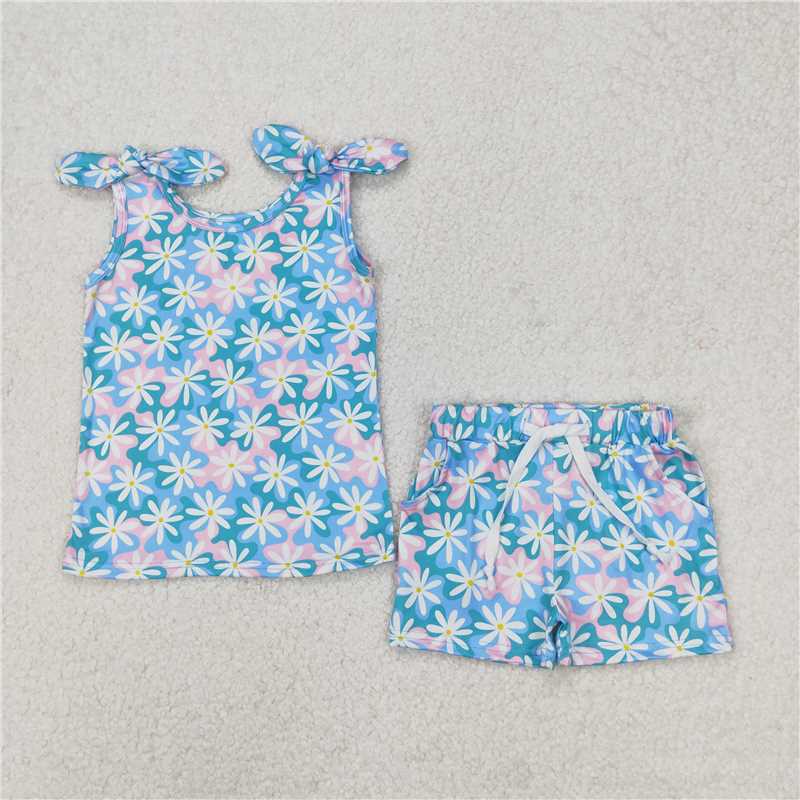 GSSO2262 Floral pink blue green camouflage sleeveless shorts set