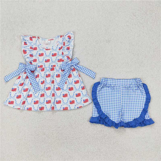 3.24 GSSO1684 National Day flag blue plaid bow pattern sleeveless shorts suit