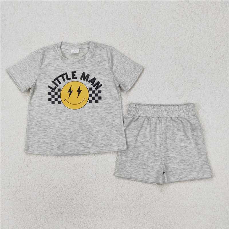 4.7  BSSO1303 Offset printing Little Man Lightning Smiley Face Grey Short Sleeve Shorts Set