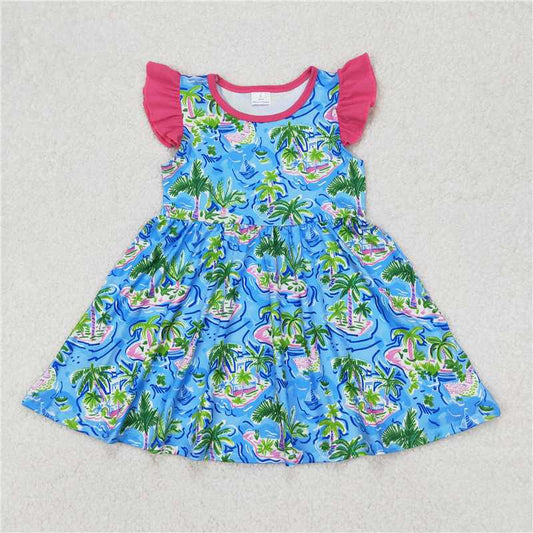 3.24  GSD1928 Coconut Tree Boat Rose Red Lace Blue Flying Sleeves Dress