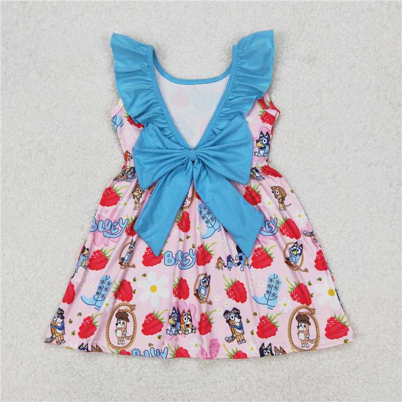 3.24  GSD1813 bluey boots strawberry flowers blue lace bow pink sleeveless dress