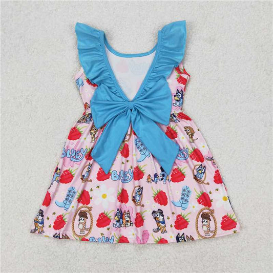 3.24  GSD1813 bluey boots strawberry flowers blue lace bow pink sleeveless dress
