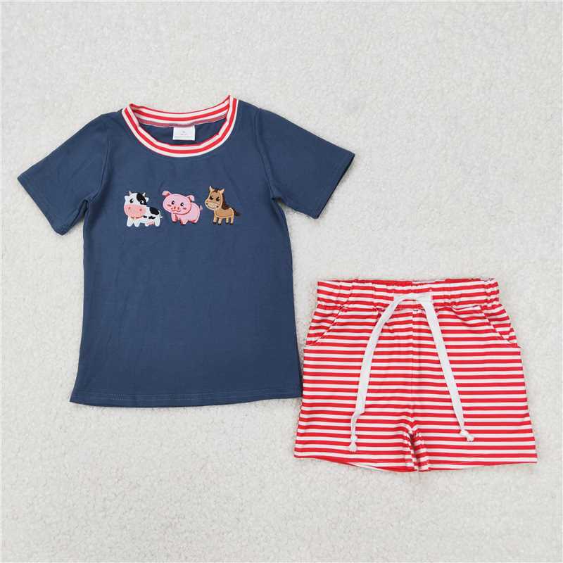 4.2  BSSO1266 Embroidered Starfish Castle Shell Blue Short Sleeve Plaid Shorts Set