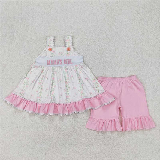 3.25 GSSO2153 Embroidered MAMA'S GIRL flower pattern white suspenders pink shorts set