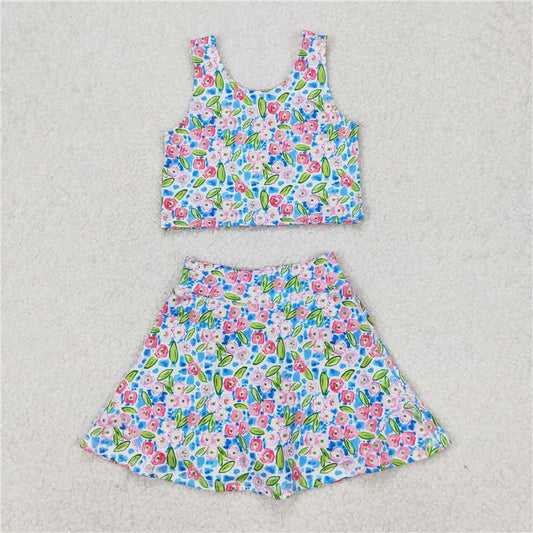 3.24  GSD1988 Flower and leaf blue sleeveless pants skirt yoga set