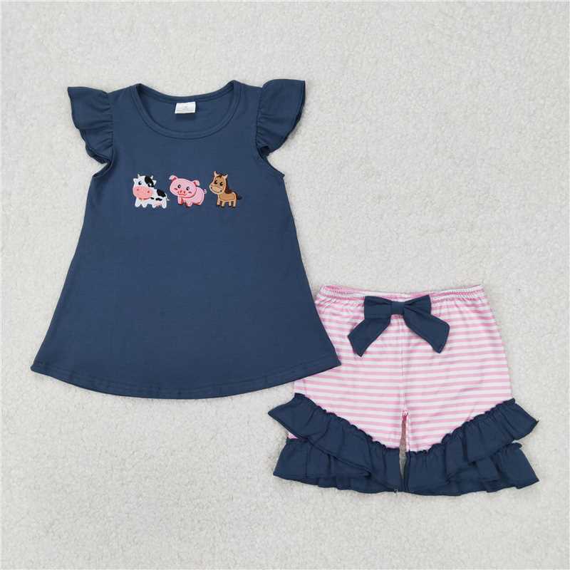 3.25GSSO2110 Embroidered cow, pig, horse, farm animals, blue flying sleeves, pink striped shorts set