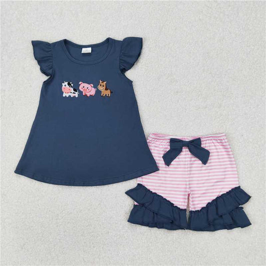 3.25GSSO2110 Embroidered cow, pig, horse, farm animals, blue flying sleeves, pink striped shorts set