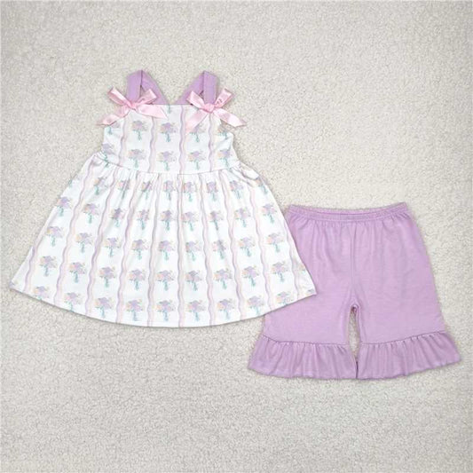 4.7  GSSO2430 Flower bouquet pink and orange wavy stripes sleeveless shorts set