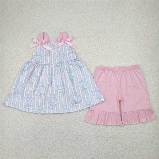 4.7  GSSO2429 Flower bouquet powder blue striped lace bow sleeveless shorts set