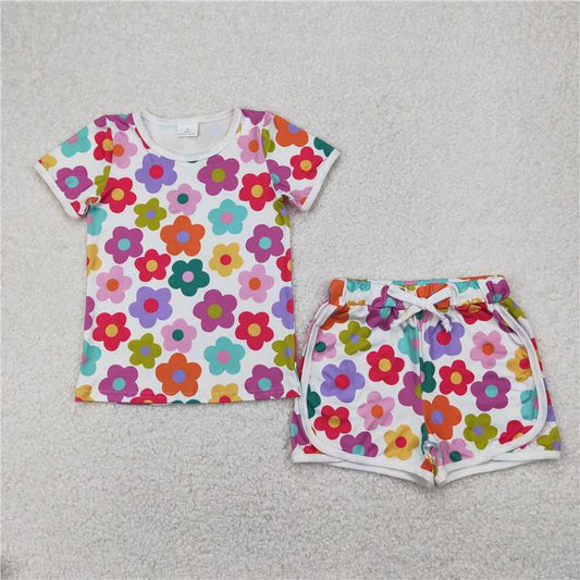 4.11  GSSO2142 Colorful flower white short-sleeved shorts set