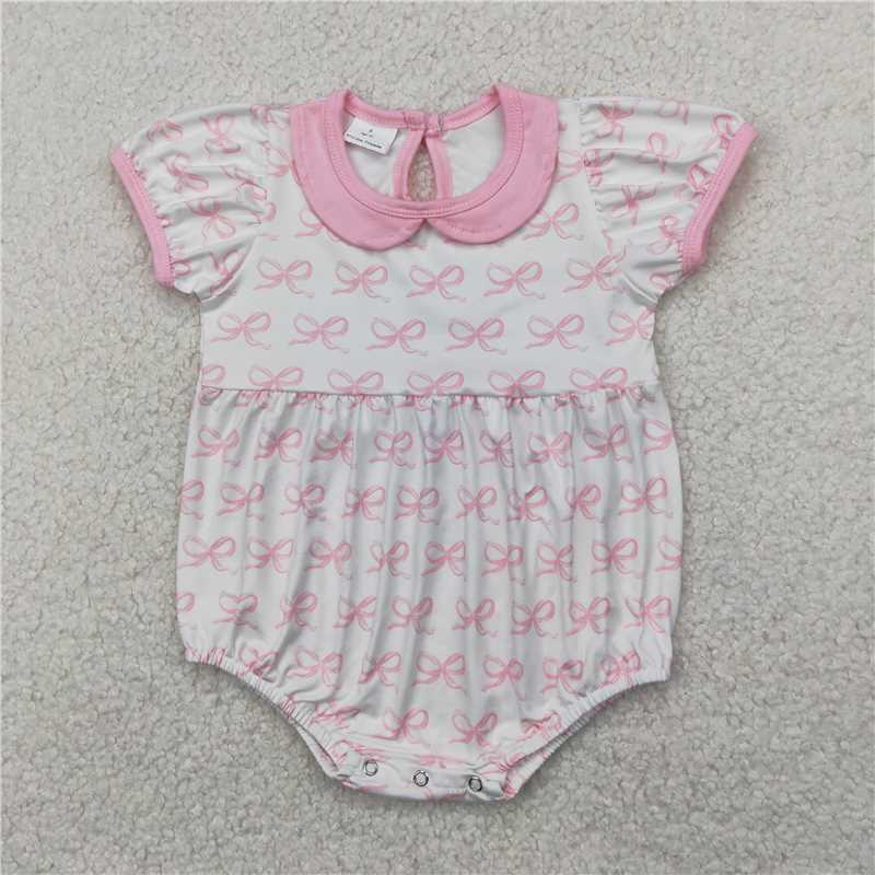 4.11 SR2893 Pink short-sleeved bodysuit with bow pattern and baby collar