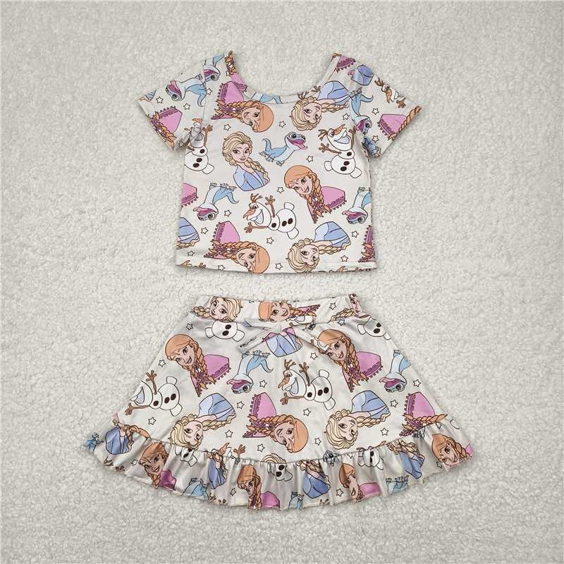 4.3 GSD2358 Frozen Princess Elsa Anna Olaf pattern white short-sleeved skirt suit