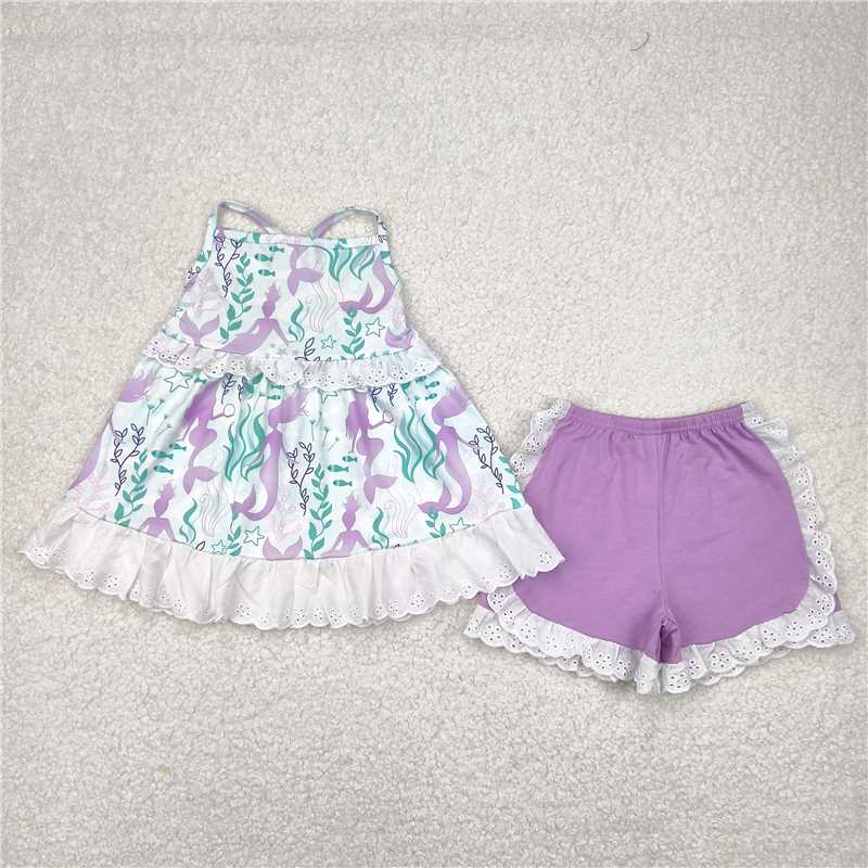 4.3 GSSO1675 Mermaid seagrass lace sleeveless purple shorts set