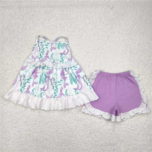 4.3 GSSO1675 Mermaid seagrass lace sleeveless purple shorts set