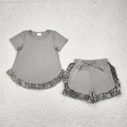 4.14  GSSO2182 Solid gray green lace short-sleeved shorts set