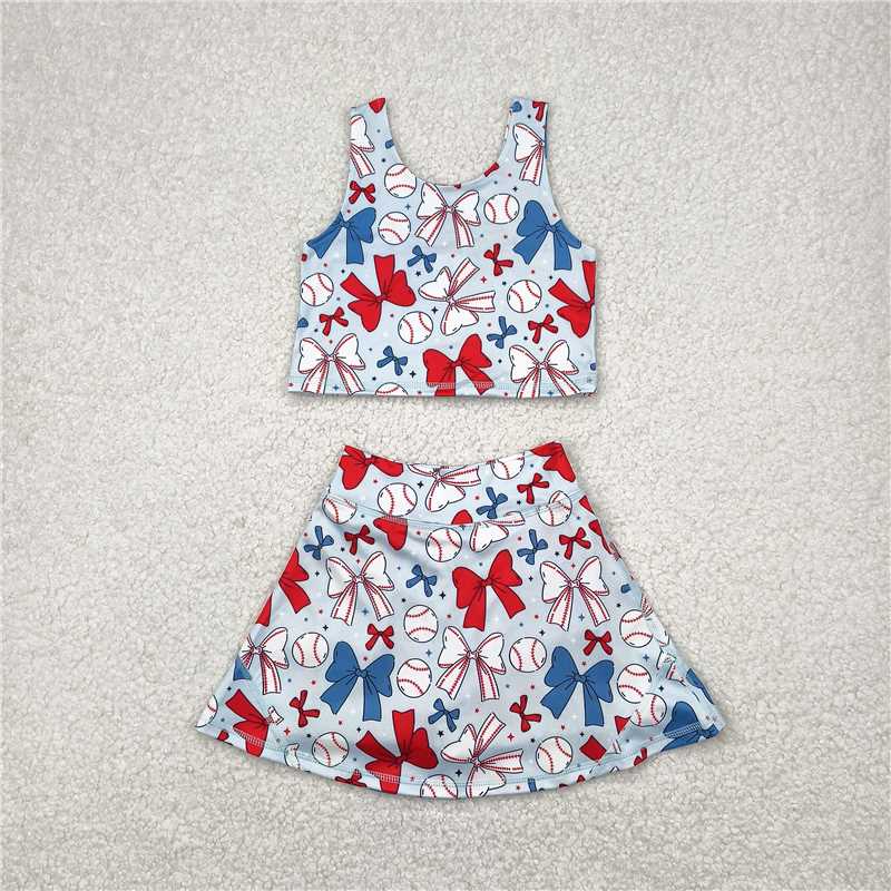 4.14  GSD2151 Baseball bow pattern blue vest pants skirt yoga set