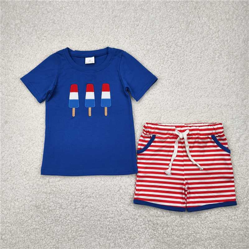 4.14  BSSO1250 Embroidery National Day Popsicle Blue Short Sleeve Red Striped Shorts Set