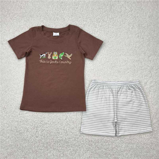 4.14 BSSO1410 This is God's Country Embroidered Dog Deer Vest Fish Duck Brown Short Sleeve Striped Shorts Set