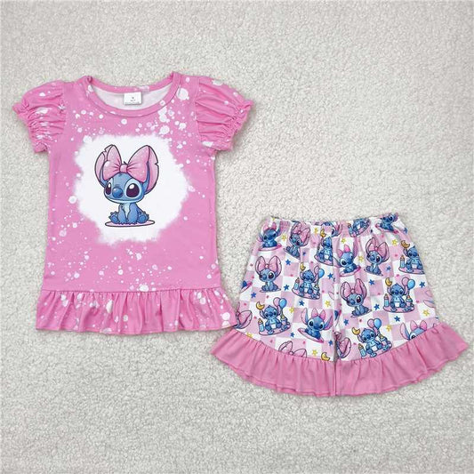 4.16 GSSO1071 Stitch short-sleeved pink and white plaid shorts set