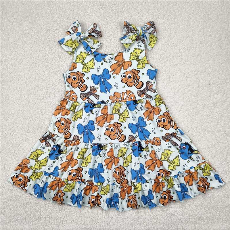 6.23 GSD2462 Cartoon Finding Nemo fish bow pattern blue green suspender dress
