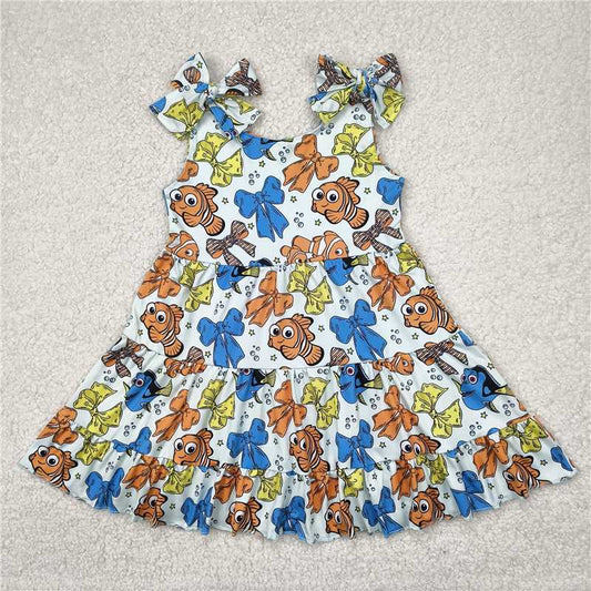 6.23 GSD2462 Cartoon Finding Nemo fish bow pattern blue green suspender dress