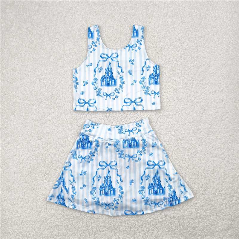 4.25  GSD2198 Bow pattern castle blue striped vest skirt yoga set