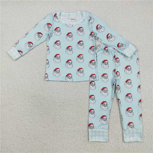 8.8  BLP1090 Santa Claus Plaid Blue Long-Sleeved Pants Pajama Set