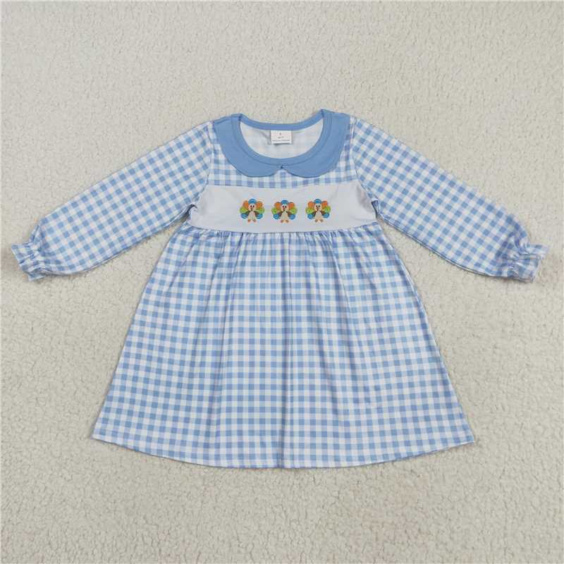 X8.16  GLD1070 Embroidered Turkey Blue Plaid Long-Sleeved Doll Collar Dress
