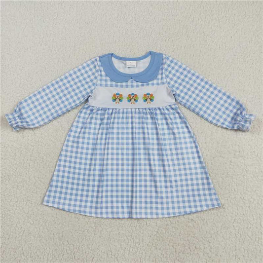 X8.16  GLD1070 Embroidered Turkey Blue Plaid Long-Sleeved Doll Collar Dress