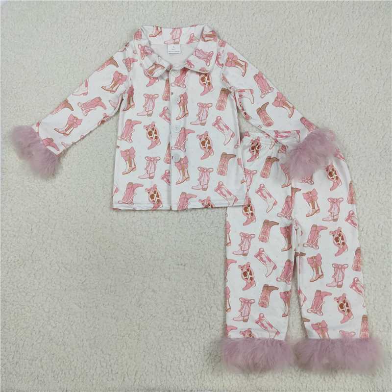 8.7  GLP2359 Pink and white long-sleeved trousers and pajama set with fur-trimmed boots