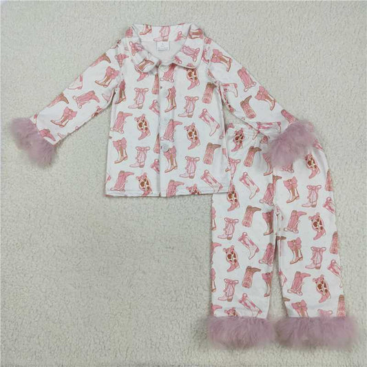 8.7  GLP2359 Pink and white long-sleeved trousers and pajama set with fur-trimmed boots