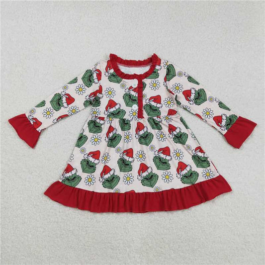 X828  GLD1230 Grinch long-sleeved dress with red floral lace and pink buttons
