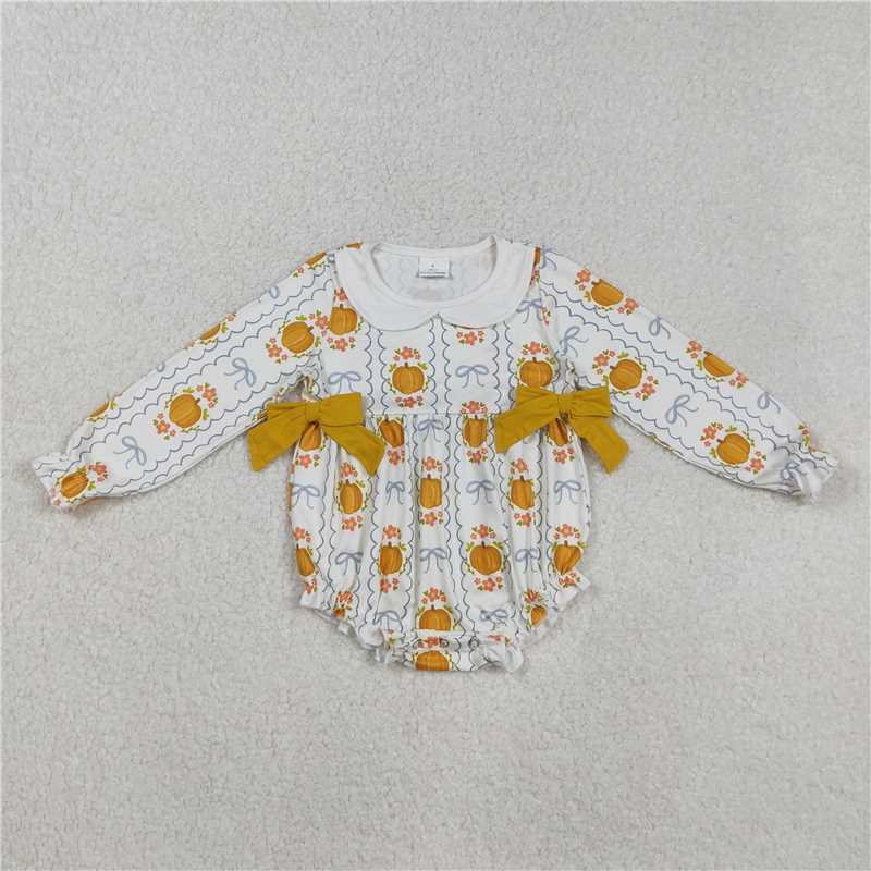 X829 LR2389 Floral Pumpkin Orange Bow Baby Collar Long-Sleeved Bodysuit