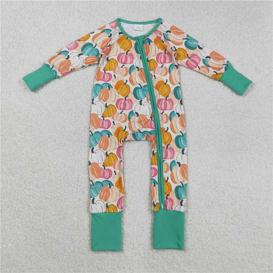 X830 LR2552 Beige pumpkin pattern long-sleeved zip-up bodysuit