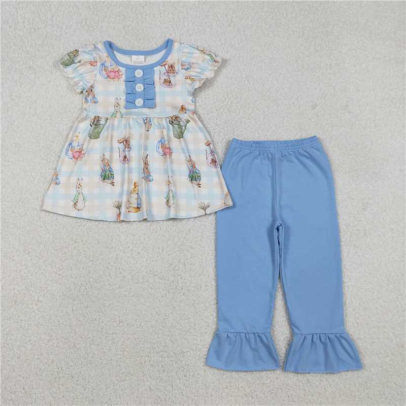 x12.13 GSPO2094 Easter Bunny Plaid Blue Lace Button Short-Sleeve and Pants Set