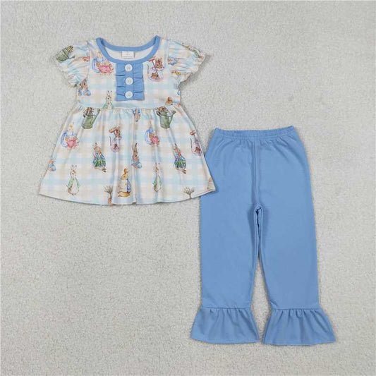 x12.13 GSPO2094 Easter Bunny Plaid Blue Lace Button Short-Sleeve and Pants Set