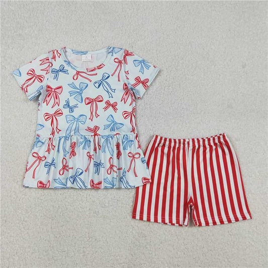 X12.29  GSSO2838 National Day Red and Blue Bow Pattern Short-Sleeved Striped Shorts Set