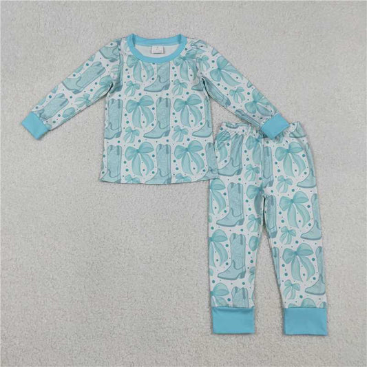 X12.24  GLP2732 Green Boots with Bow Pattern White Long-Sleeved Pants Pajama Set