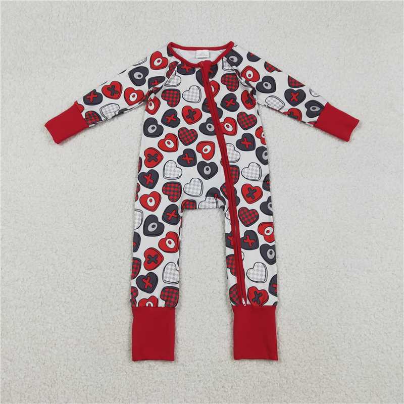 X1.5 LR2882 xo Heart Check Red Zipper Long-Sleeved Jumpsuit