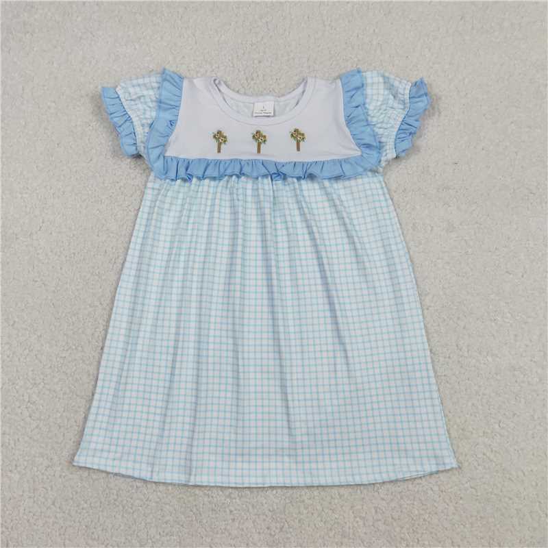 X12.24  GSD2851 Embroidered Easter Cross Flower Blue Lace Plaid Short-Sleeve Dress