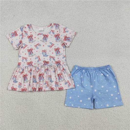 X12.29  GSSO2837 National Day Star and Bow Pattern Boots Short-Sleeve Blue Shorts Set