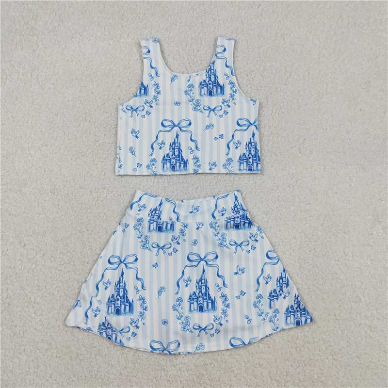 X12.29  GSD3067 Blue Striped Yoga Set with Bow Pattern and Castle Design