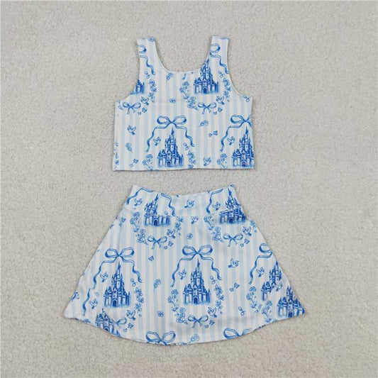 X12.29  GSD3067 Blue Striped Yoga Set with Bow Pattern and Castle Design